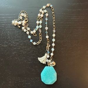 Chico’s Amazonite Crystal Beaded Long Gold Necklace